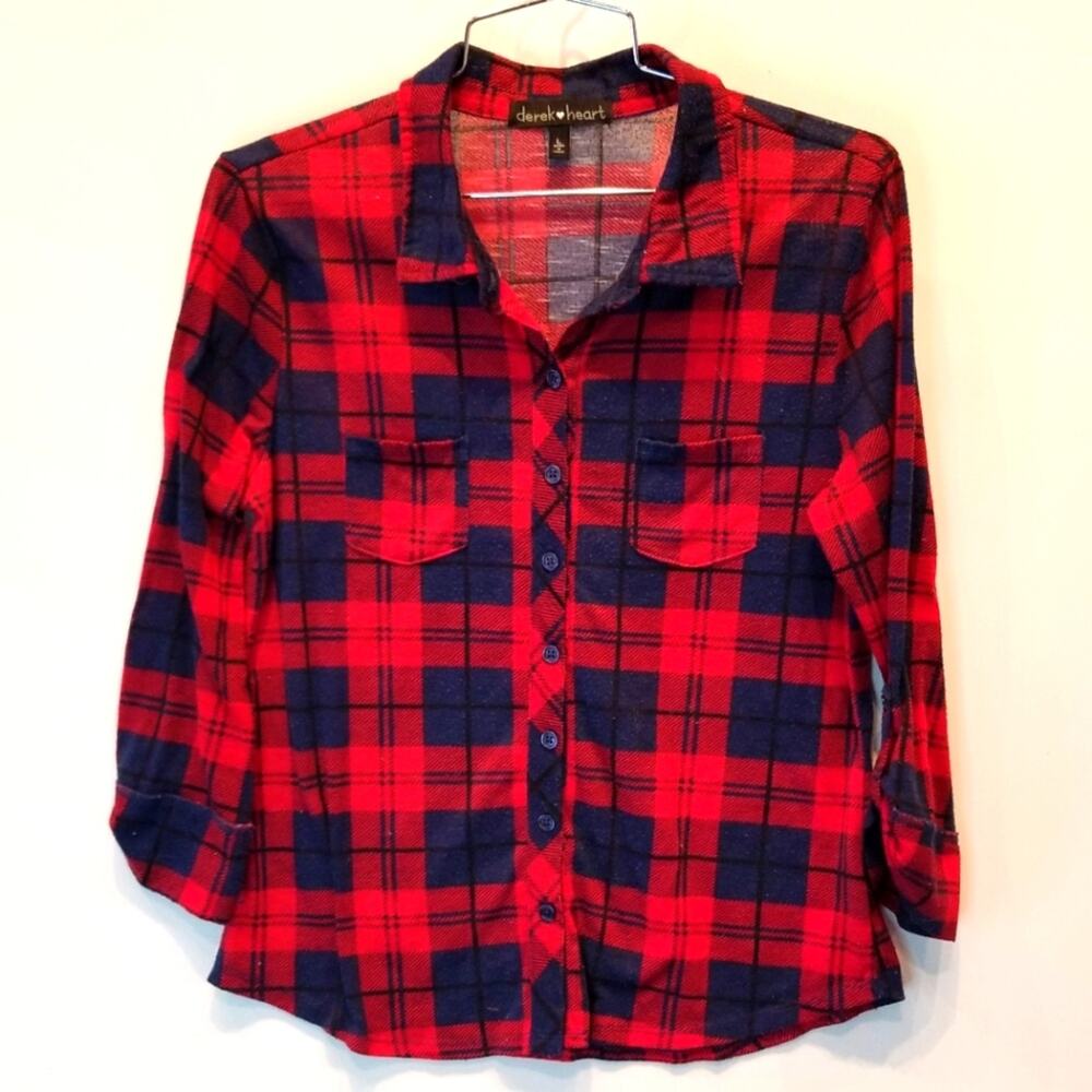 Derek‎ Heart Red Blue Check Button Shirt Paid  Shacket Teens Size L